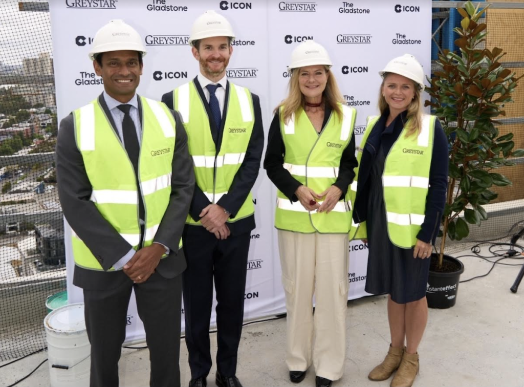 Greystar investment management executive director Adam Pillay, development senior director Sean Ryan, Victorian planning minister Sonya Kilkenny and City of Port Phillip mayor Heather Cunsolo at the topping out ceremony - The Gladstone | BTR News Australia